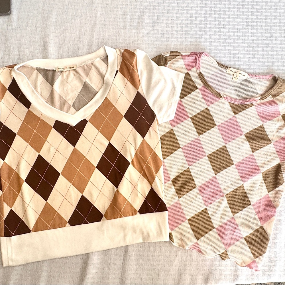 Moa Moa Argyle Girls Tops Bundle Brown Pink Plaid Knit Short Sleeve Small
